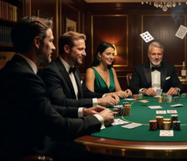 Ekskluzywny wieczór pokerowy z symbolicznymi żetonami w eleganckim wnętrzu