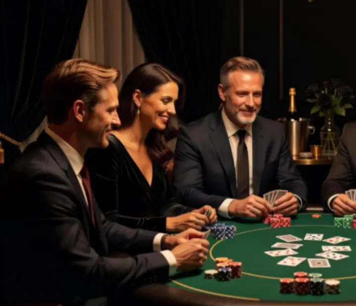 Prywatny wieczór pokerowy przy eleganckim stole z symbolicznymi żetonami