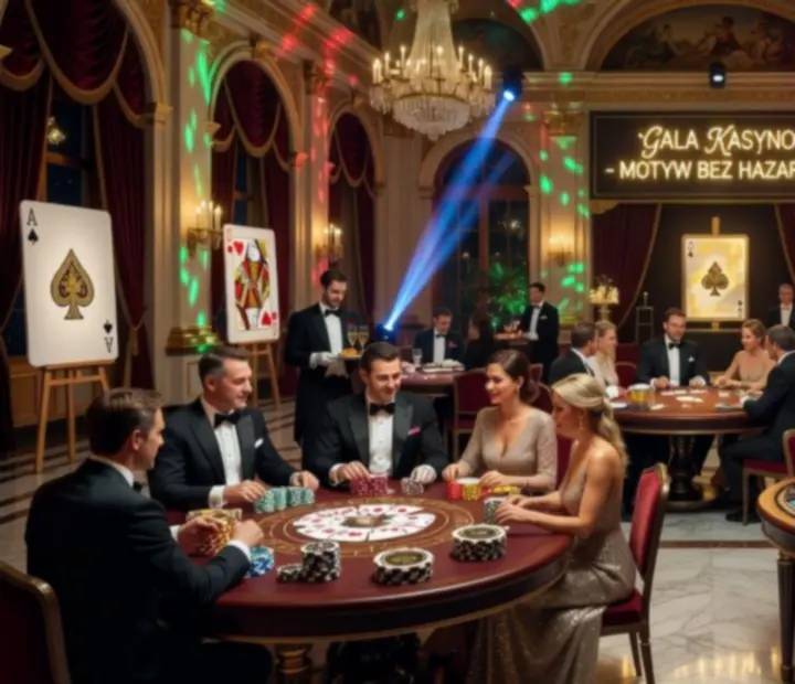 Elegancka gala z czerwonym dywanem i stołami kasynowymi jako elementem atrakcji