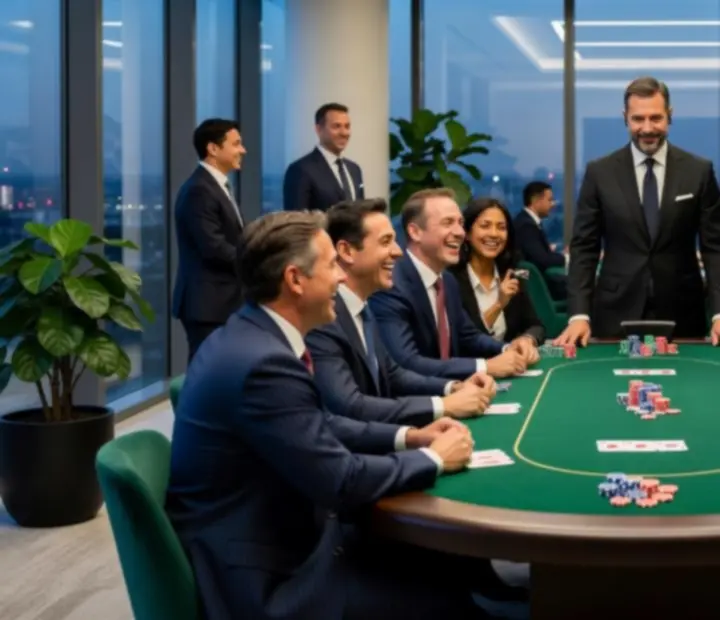 Team building przy stole pokerowym podczas firmowego wydarzenia offline